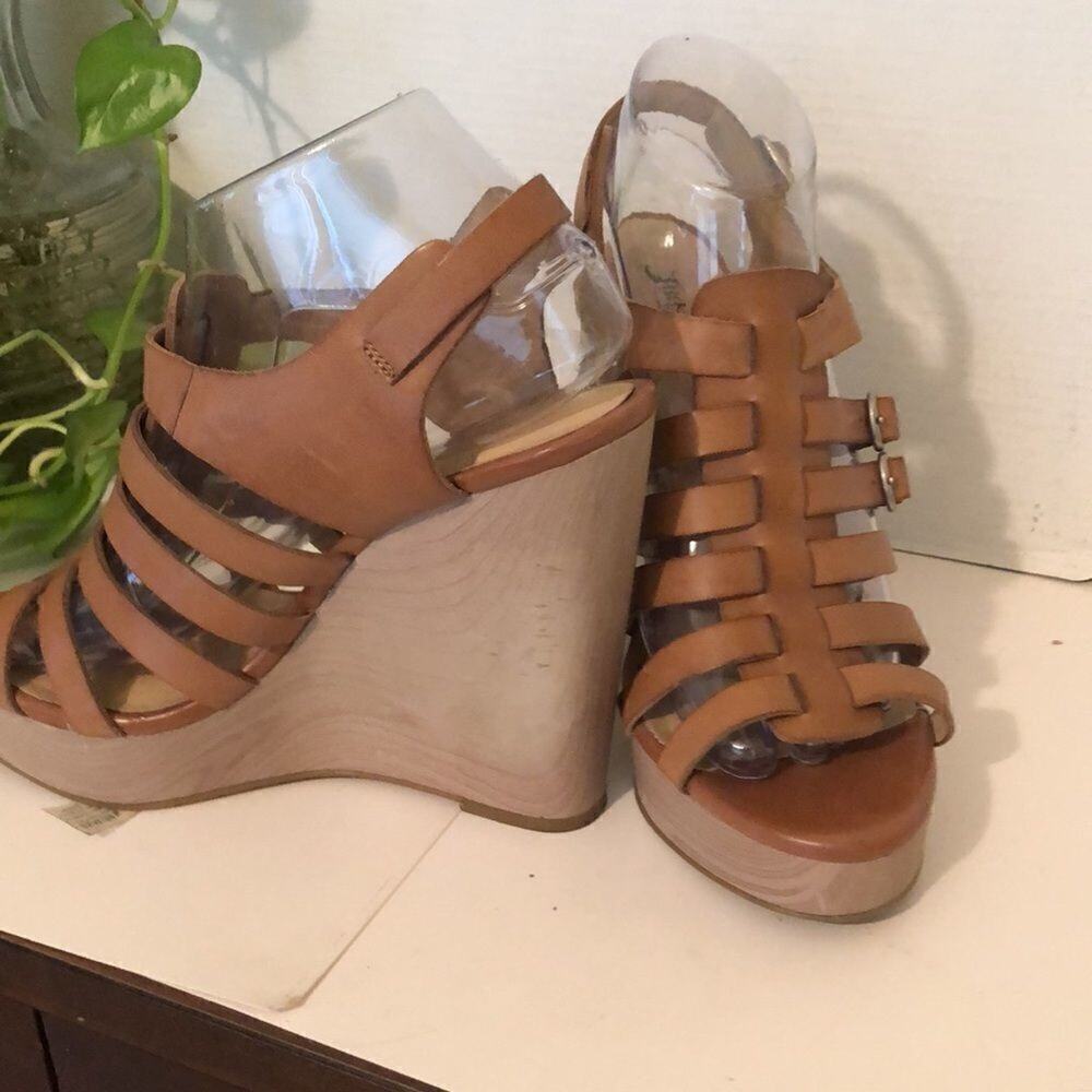 Lucky Brand Tan Leather Platform Wedge Gladiator Sandals Size 9.5